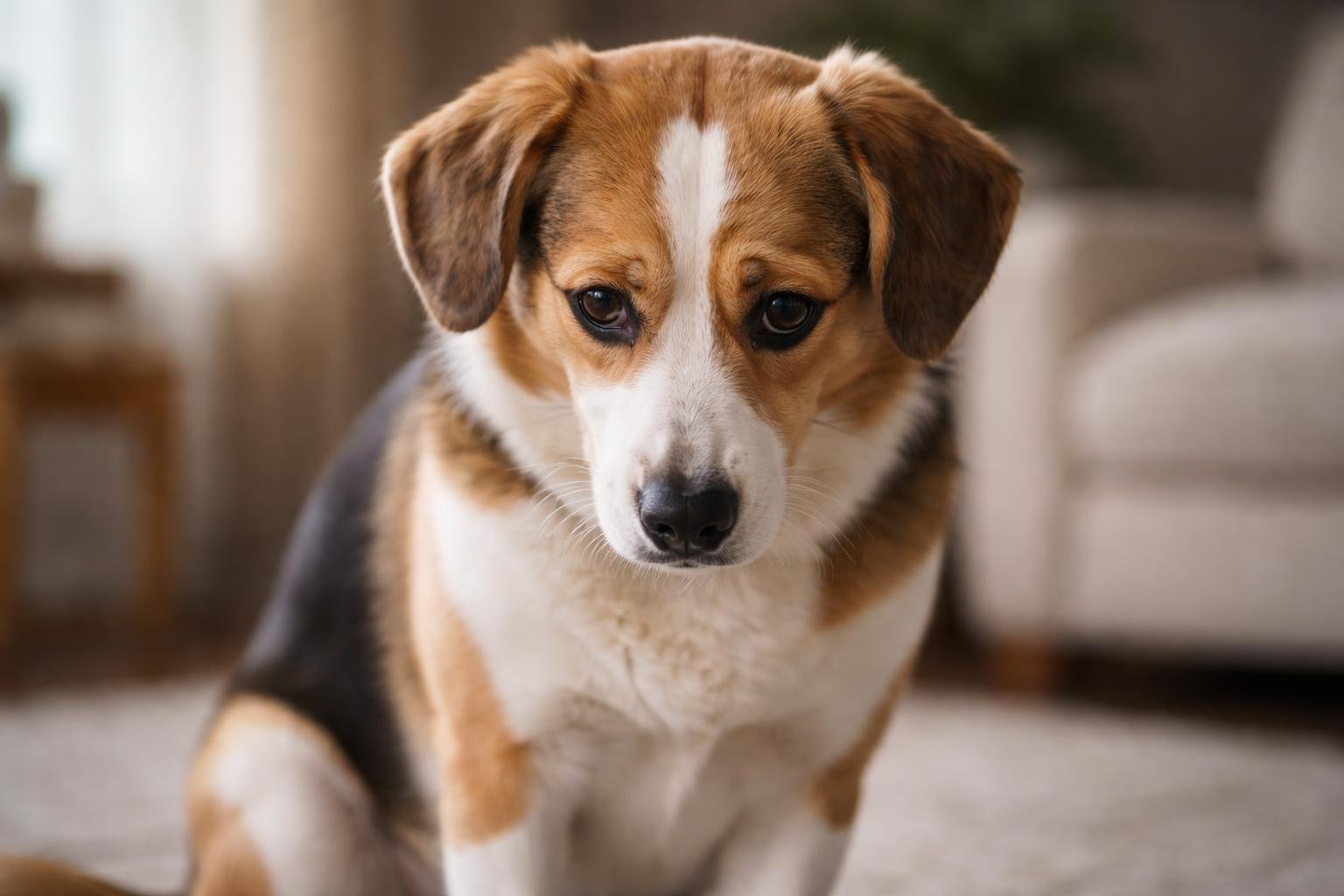 A medium-sized dog sitting indoors with a shy, sheepish expression and lowered head.