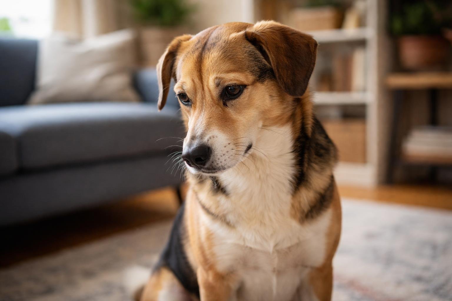 A medium-sized dog sitting indoors looking away with lowered ears, appearing shy or bashful in a cozy living room.
