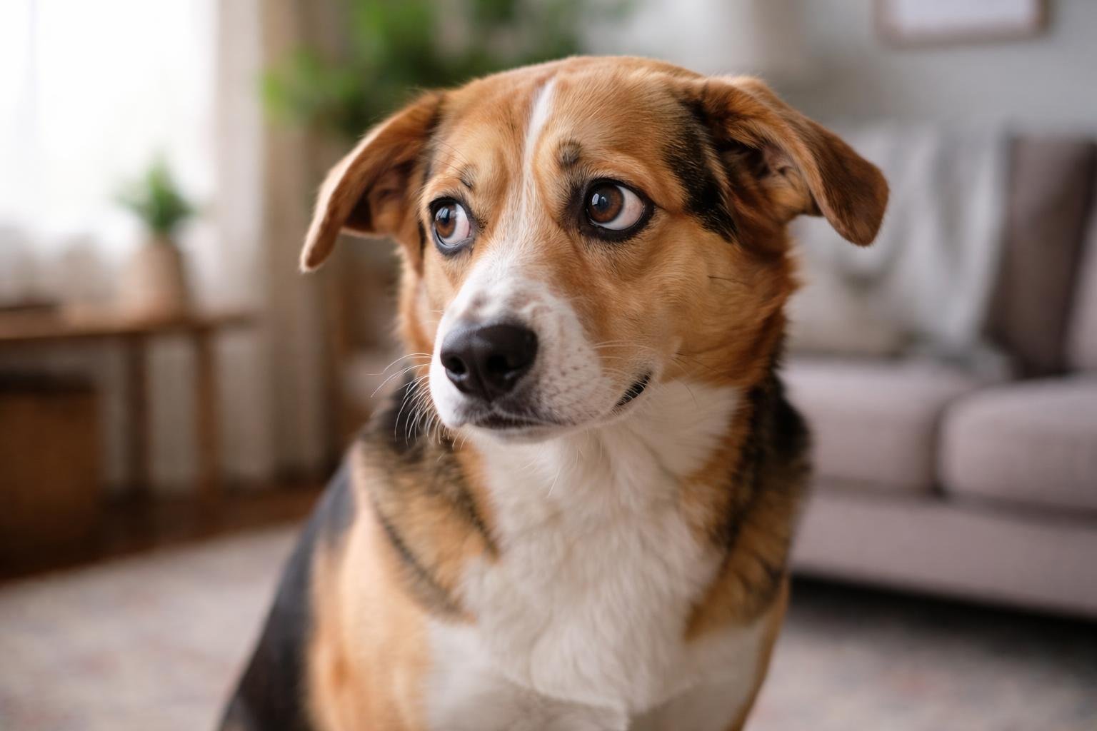 A dog indoors looking away with a shy, embarrassed expression in a cozy living room.