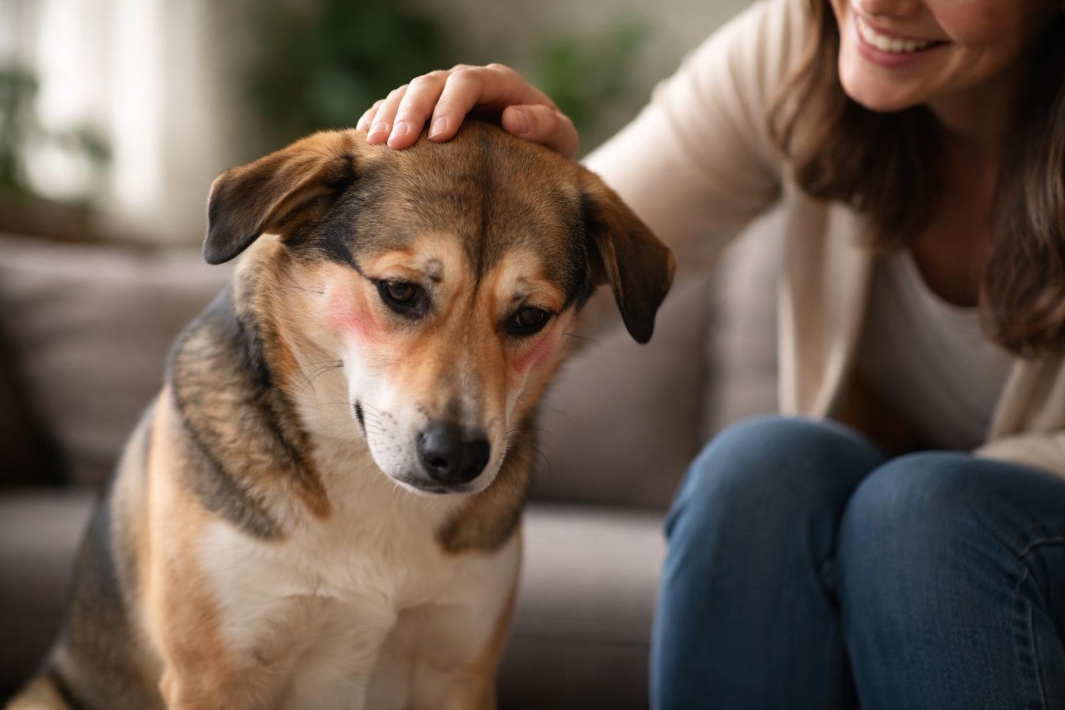 A person gently petting a dog that looks shy with its head lowered and ears back in a cozy indoor setting.