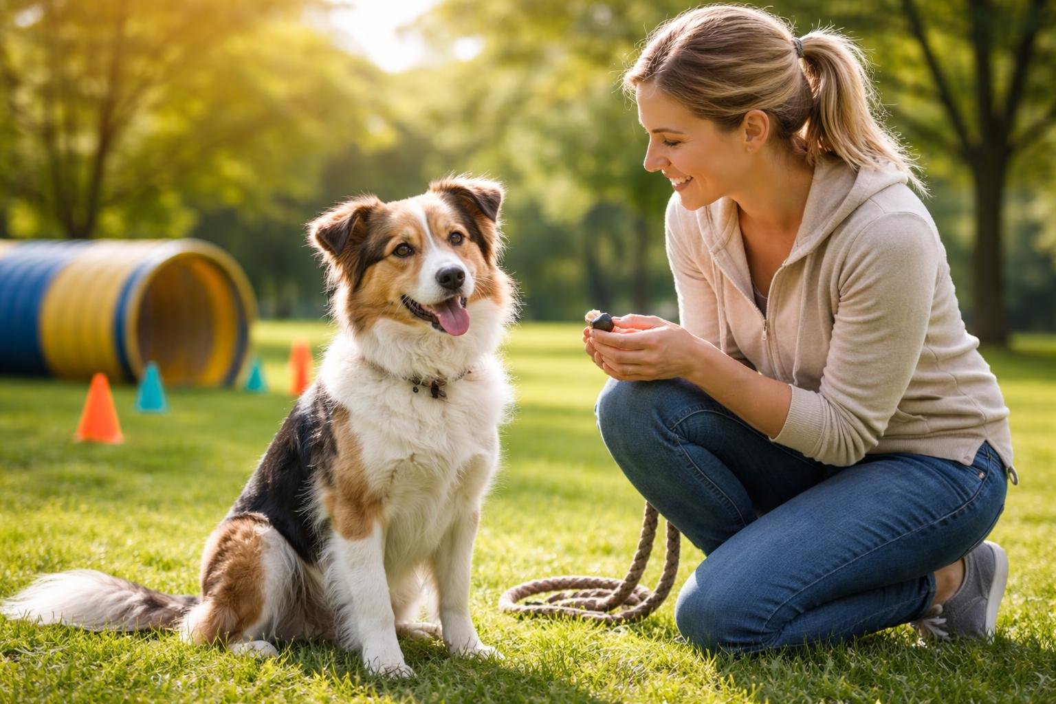 A dog sitting next to its owner outdoors in a park during a training session, with the owner smiling and holding a treat.
