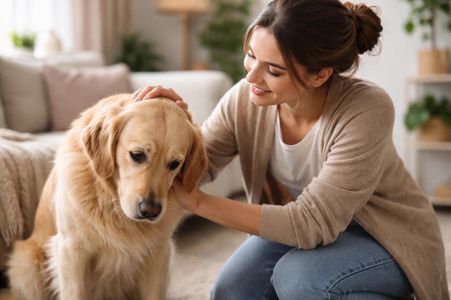 A woman gently comforting a golden retriever dog that looks shy or embarrassed in a cozy living room.