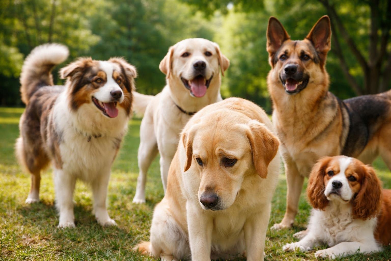Several dogs outdoors showing different emotions, including one shy dog with lowered head and ears back, surrounded by happy, alert, and calm dogs.