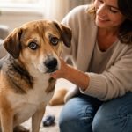 A dog sitting next to a person in a living room, the dog looking shy while the person gently comforts it.