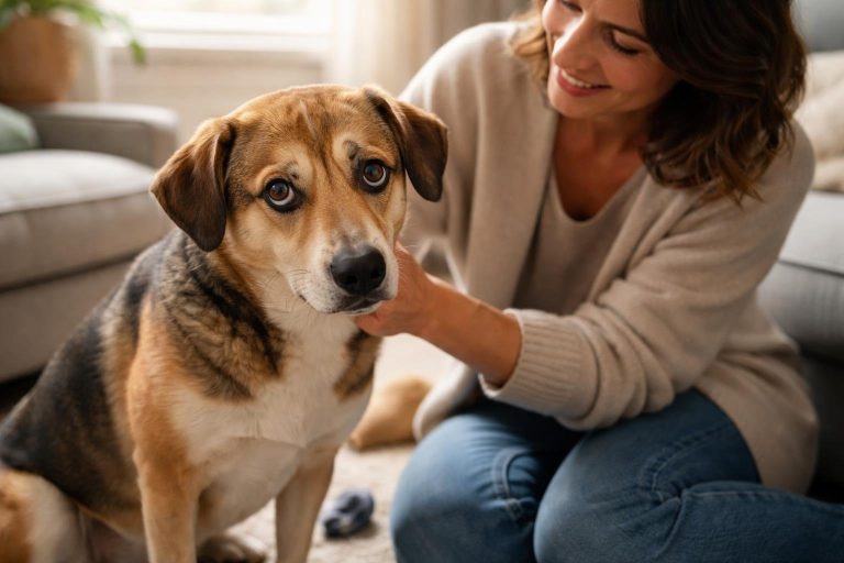 A dog sitting next to a person in a living room, the dog looking shy while the person gently comforts it.