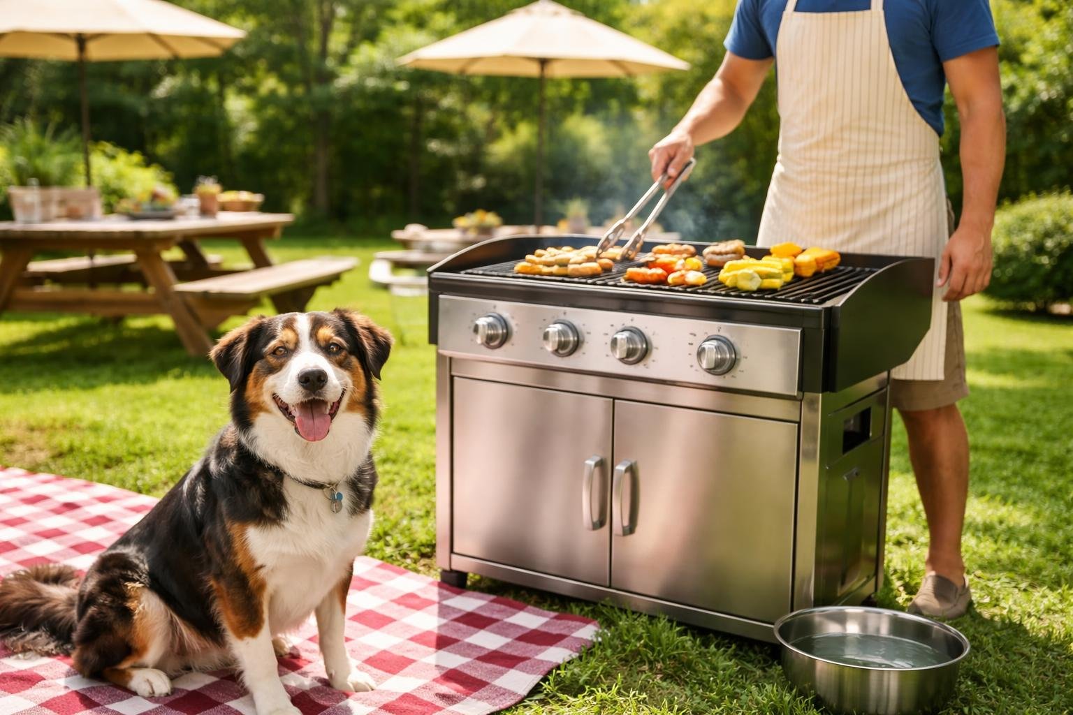 A dog sitting calmly near a person grilling food outdoors in a sunny backyard with water bowls and picnic setup.