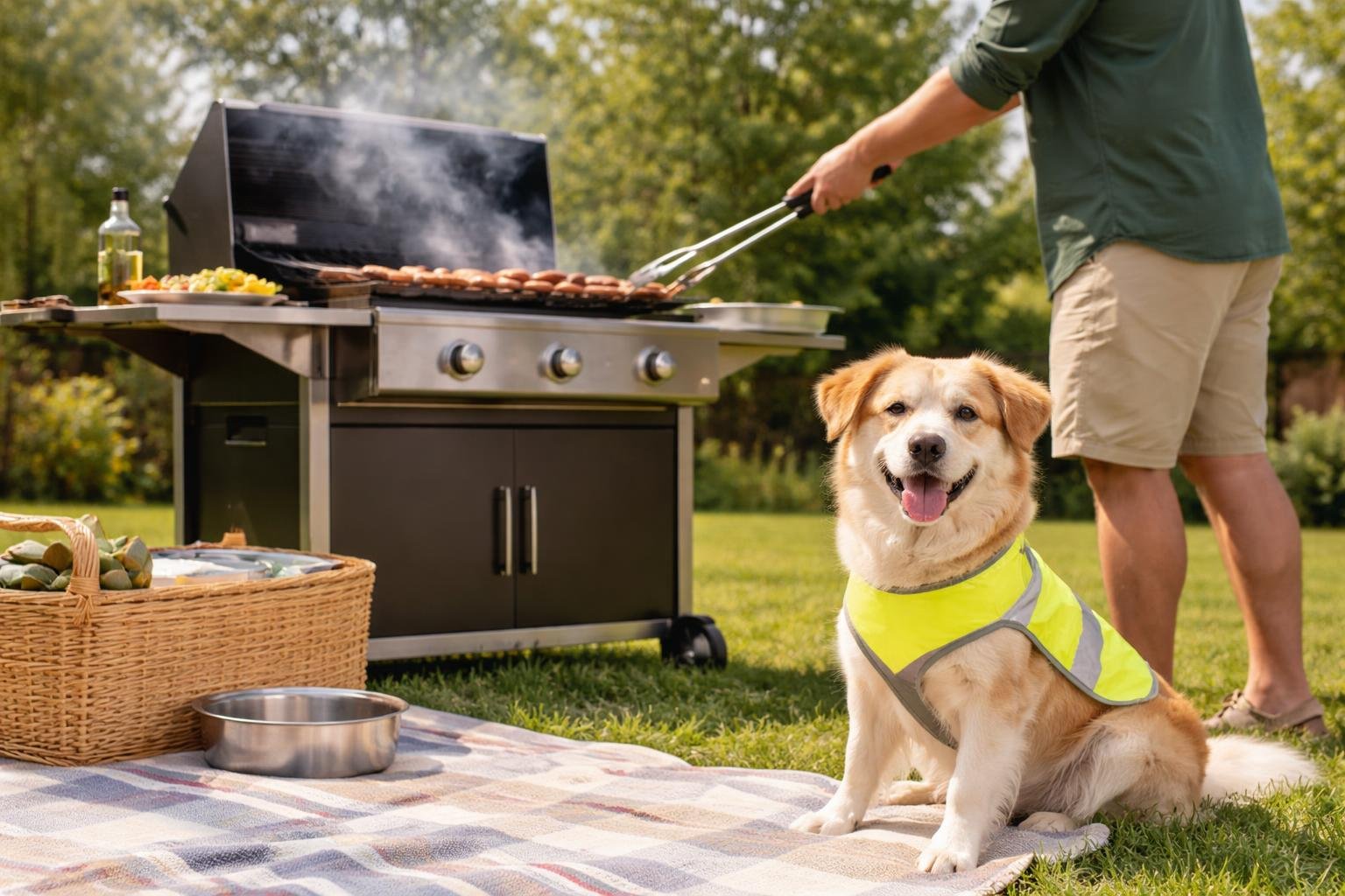 A dog wearing a safety vest sits calmly near a person grilling outdoors in a sunny backyard.