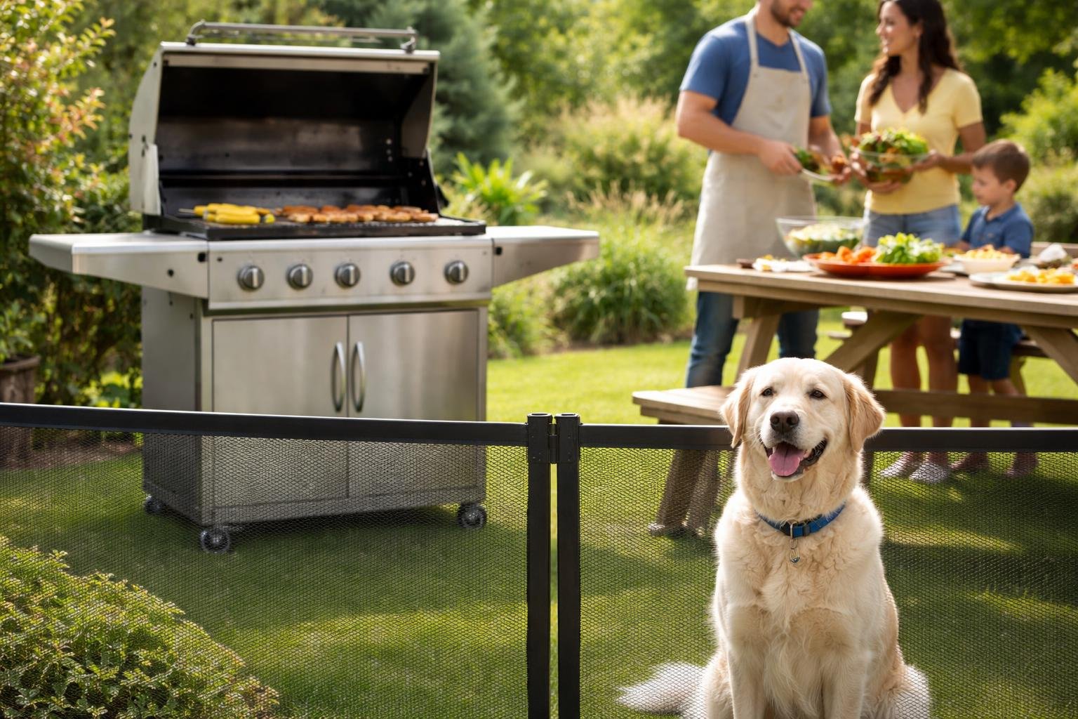 A dog sitting calmly behind a barrier near a backyard barbecue where a family is grilling safely outdoors.