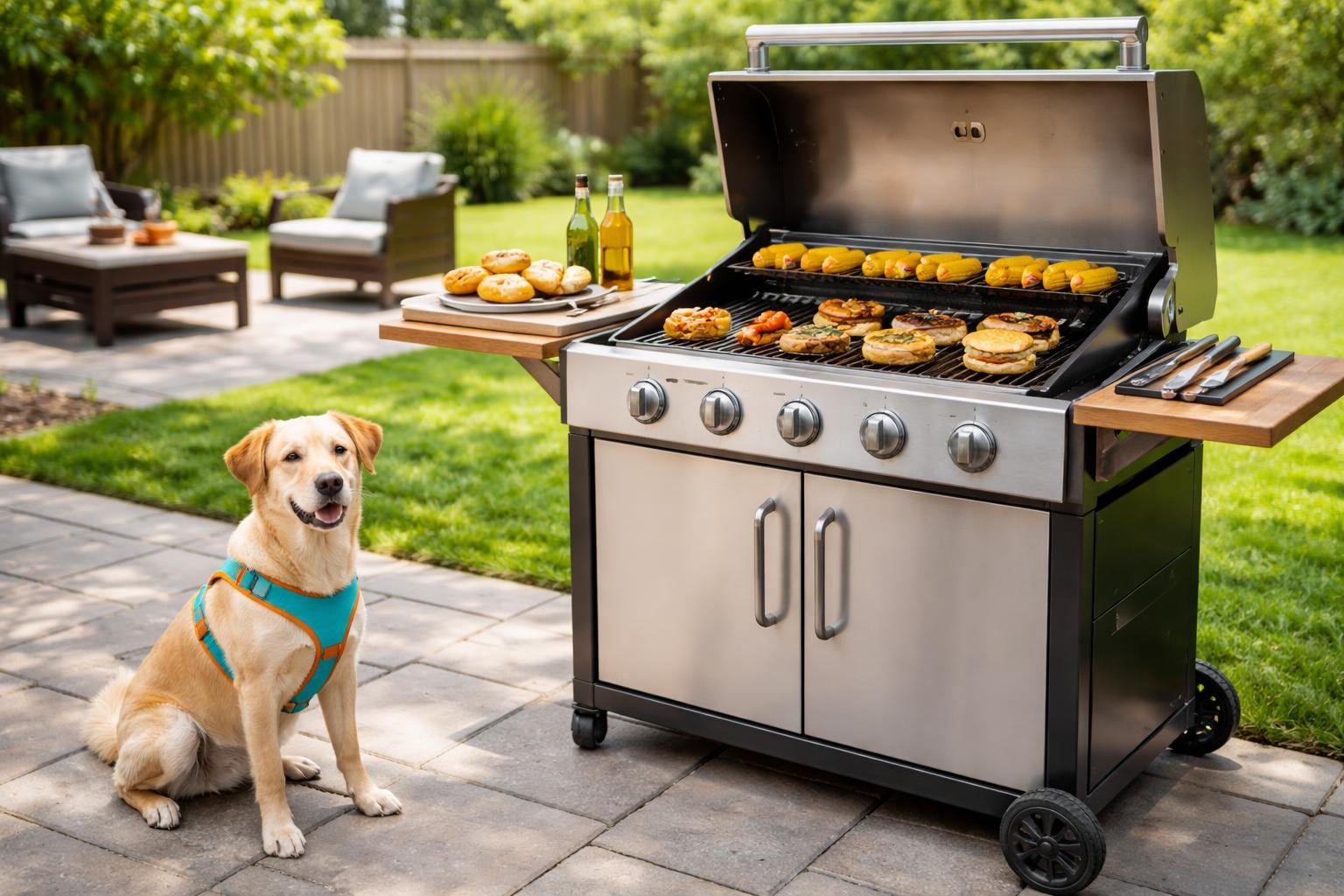 A calm dog sitting safely away from a clean outdoor grill in a backyard during a sunny barbecue.