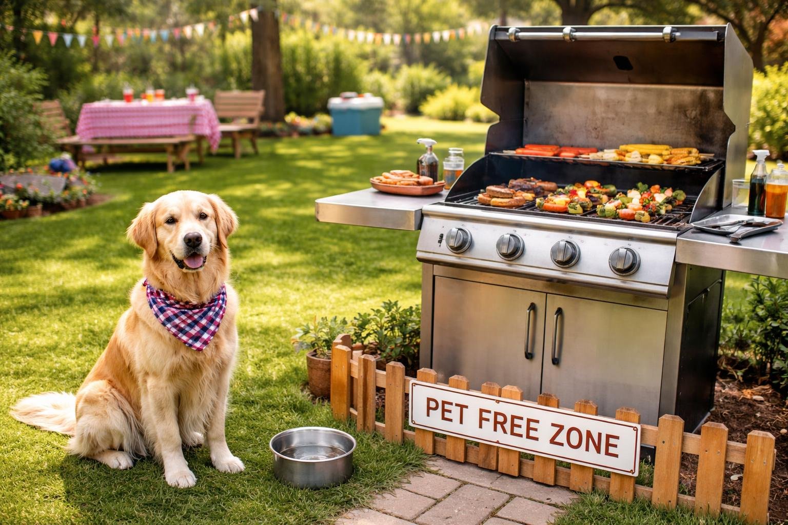 A dog sitting safely near a family barbecue in a sunny backyard with grilling equipment and safety measures visible.