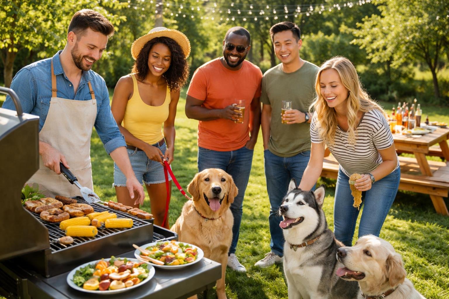People enjoying an outdoor barbecue with their dogs safely nearby in a sunny backyard.
