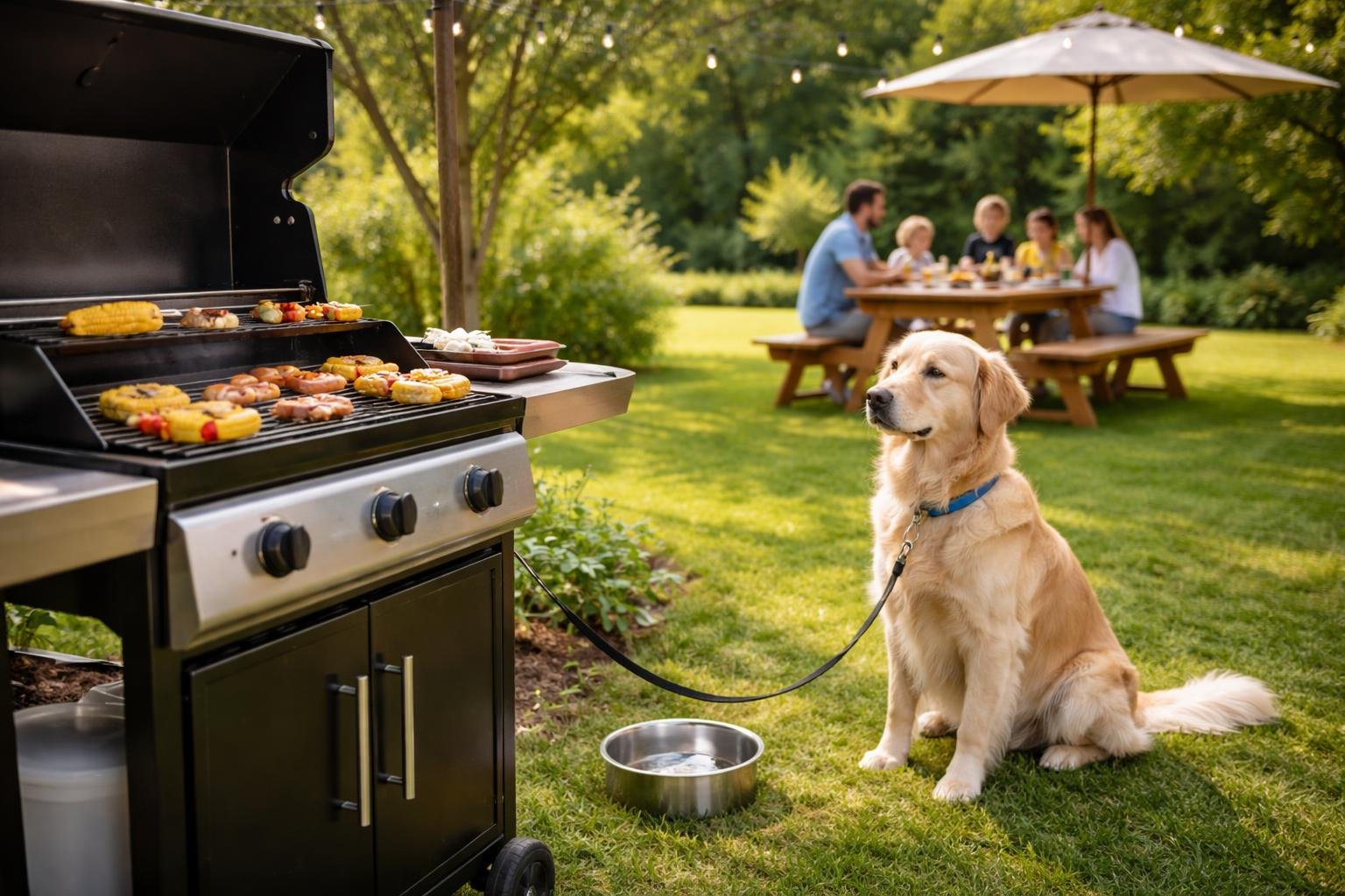 A backyard BBQ scene with a grill cooking food and a calm dog sitting safely nearby on a leash.
