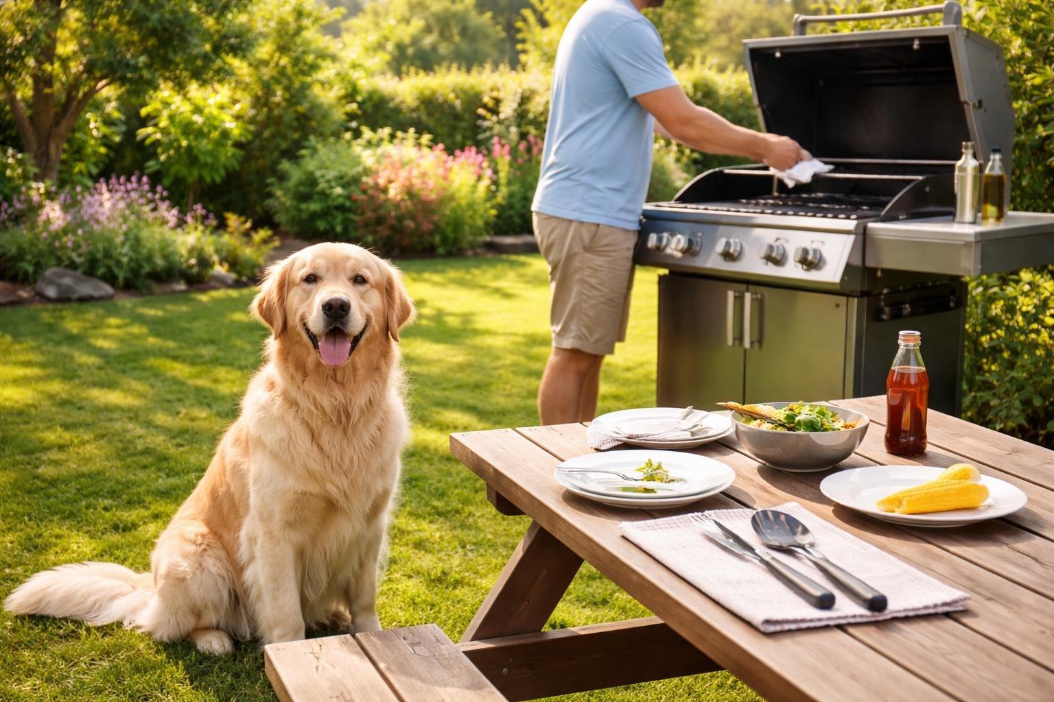 A dog sitting calmly next to a clean picnic table with a person cleaning a grill in a sunny backyard.