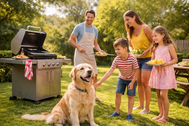 A family grilling outdoors with their calm dog sitting nearby in a sunny backyard.
