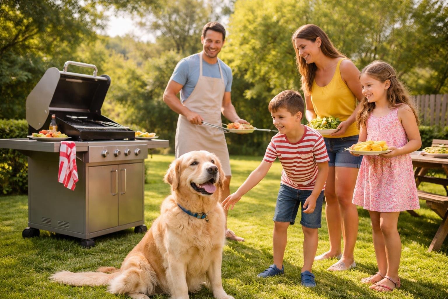 A family grilling outdoors with their calm dog sitting nearby in a sunny backyard.