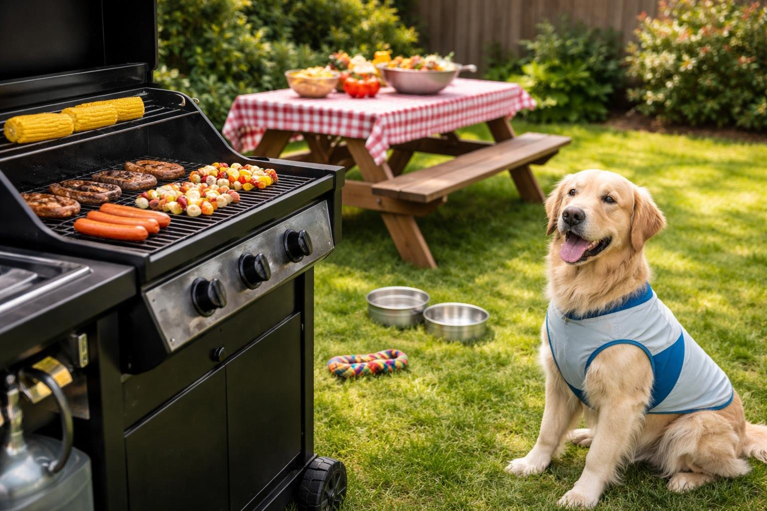 A dog sitting calmly near a backyard barbecue grill with food cooking, surrounded by a picnic table and water bowls.