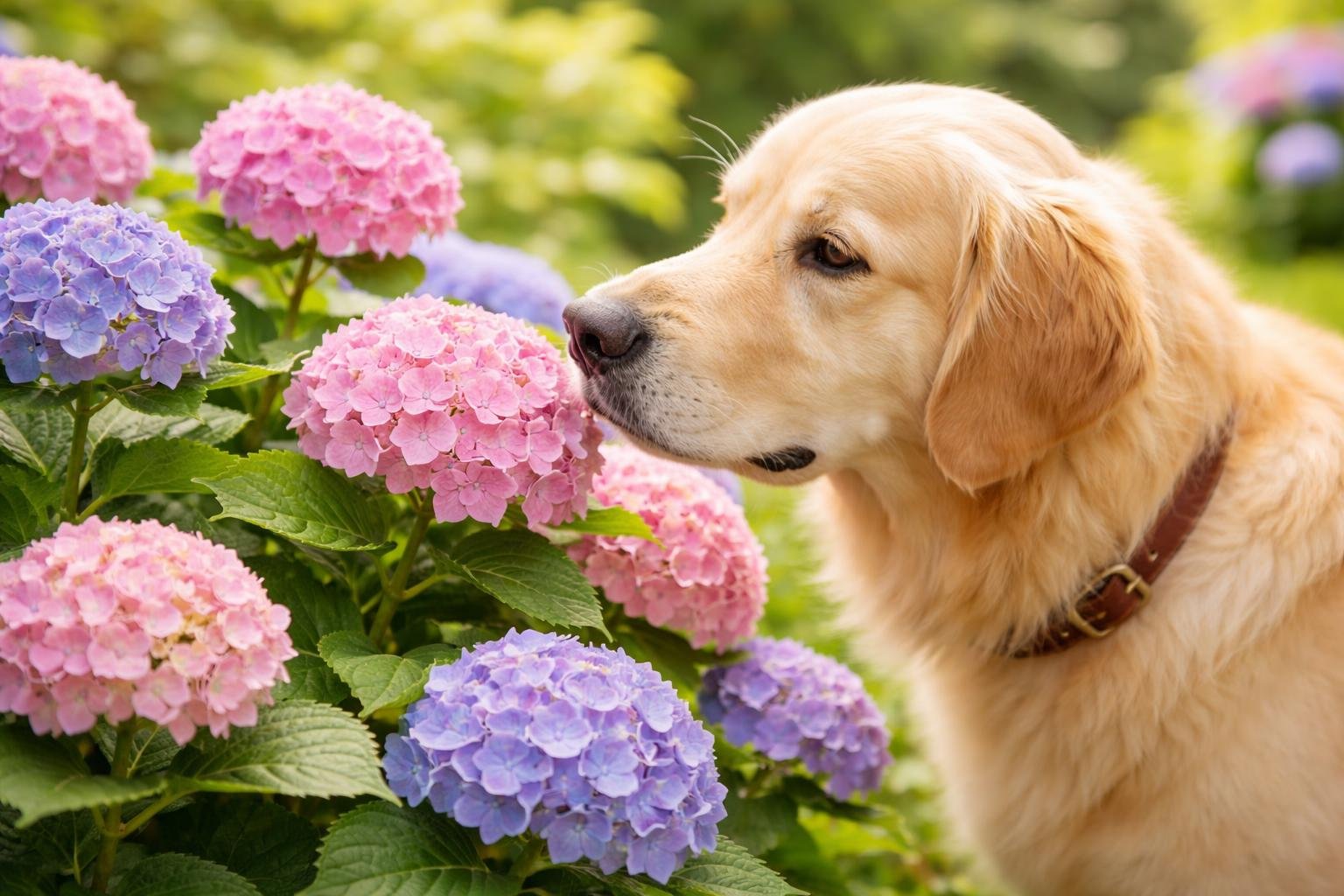A golden retriever dog sniffing colorful hydrangea flowers in a sunny garden.
