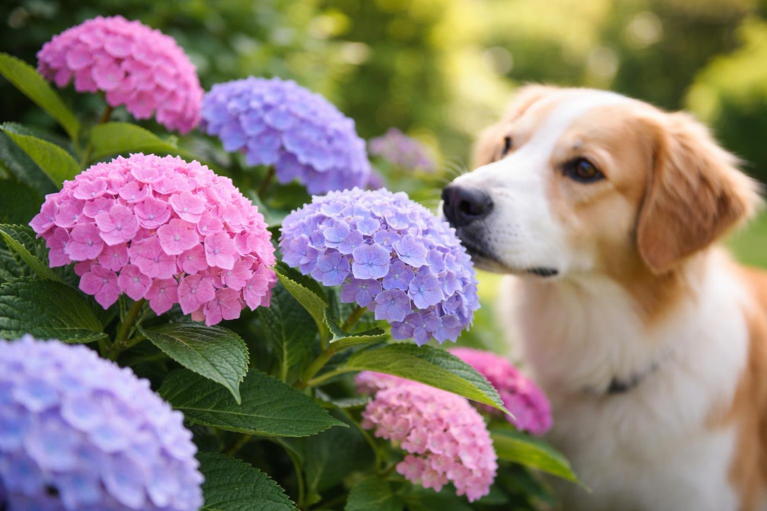 A dog sniffing colorful hydrangea flowers in a garden.