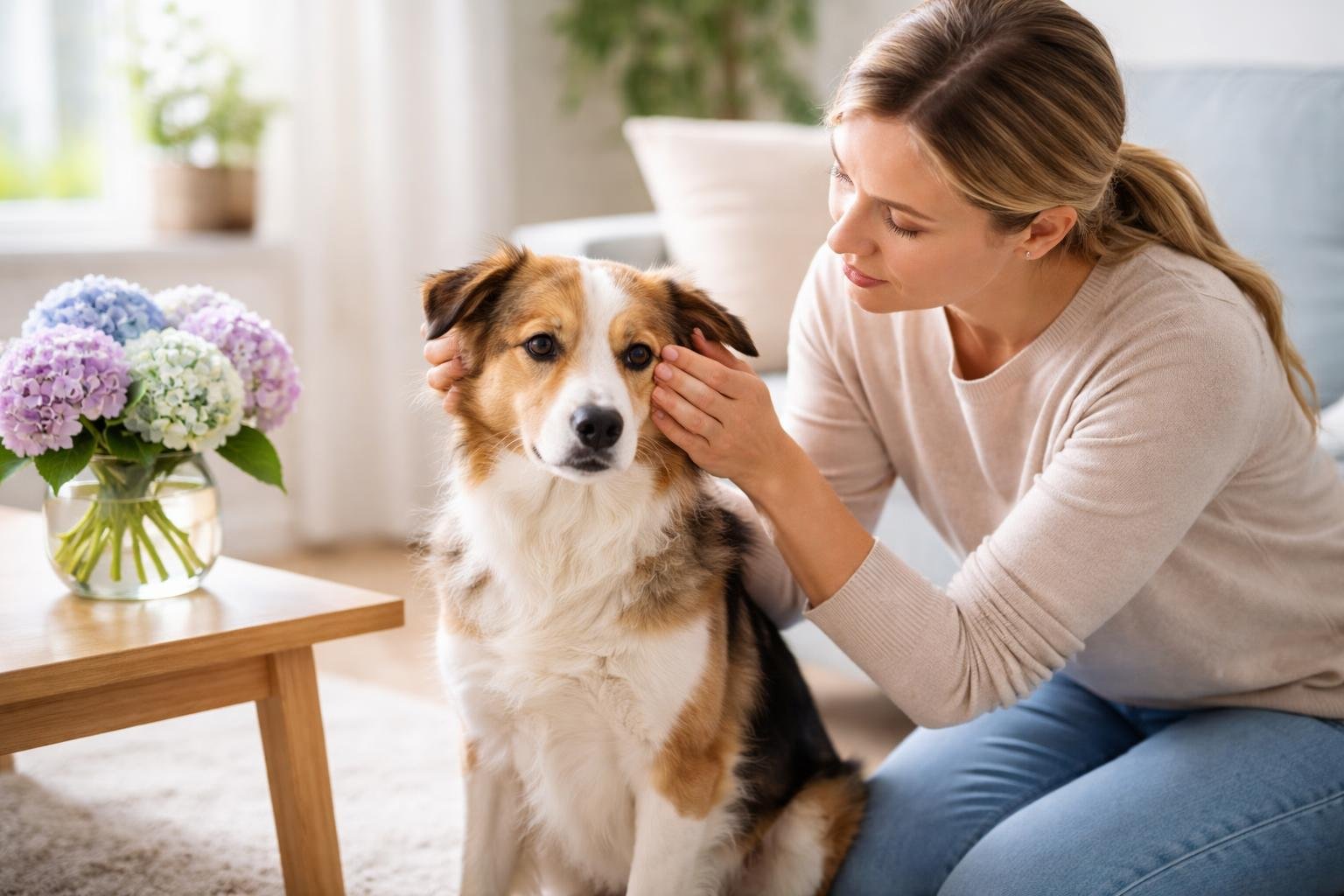 A dog owner gently examining their medium-sized dog in a living room with hydrangea flowers nearby.