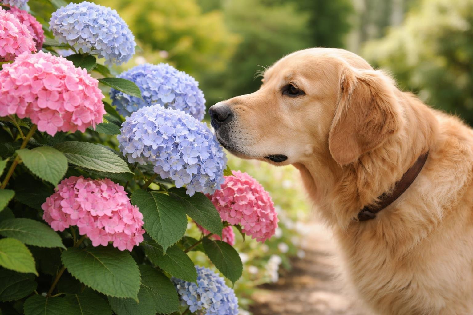A golden retriever dog sniffing colorful hydrangea flowers in a garden.