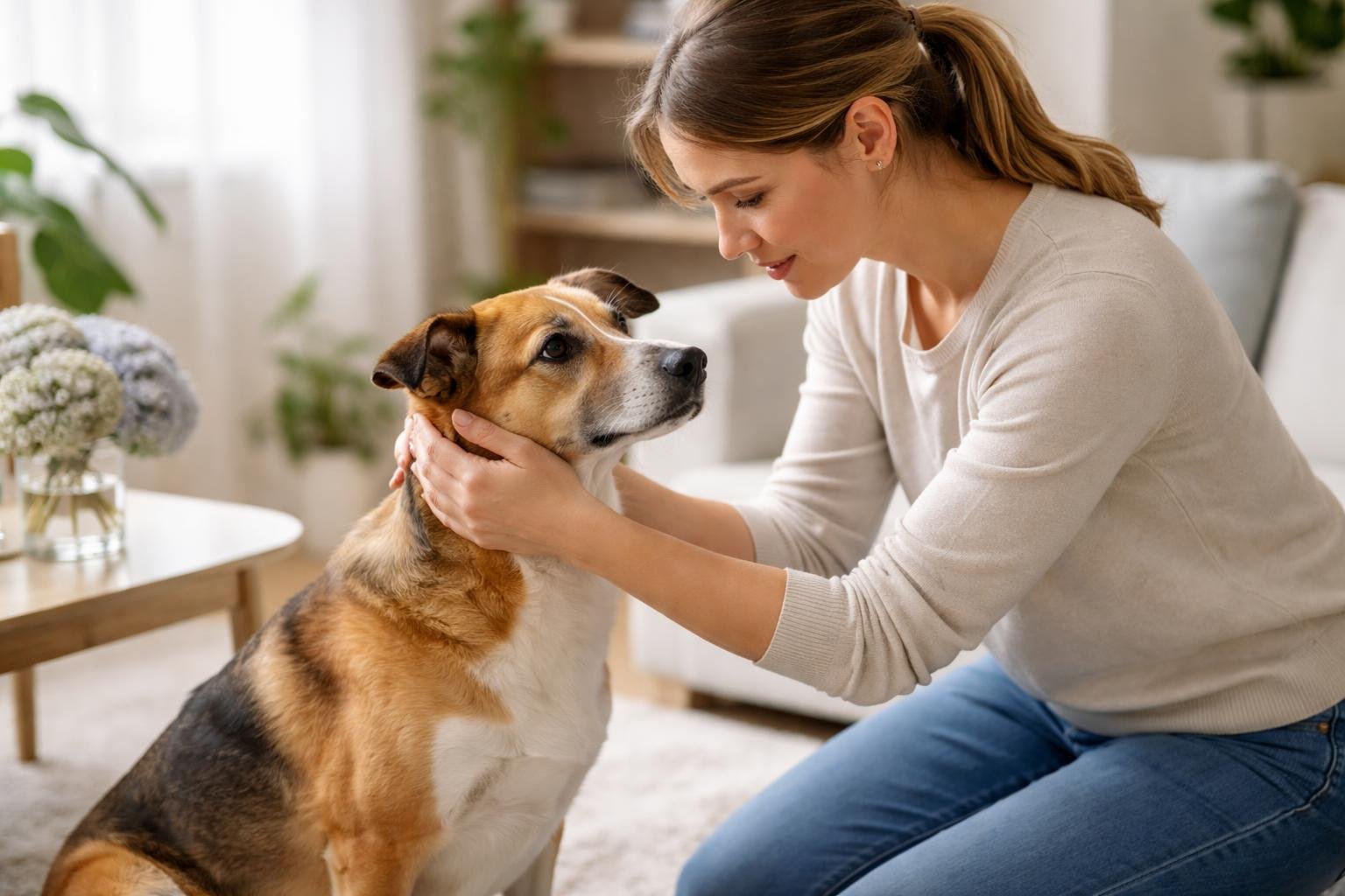 A person gently examining a calm dog in a bright living room with hydrangea flowers placed safely out of reach.