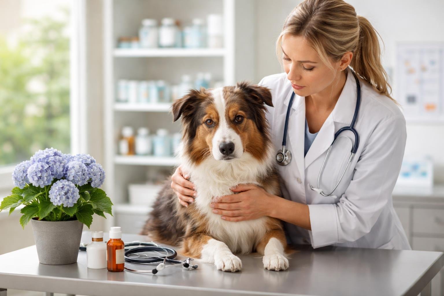 A veterinarian gently examining a dog in a veterinary clinic with a small hydrangea plant on a nearby table.