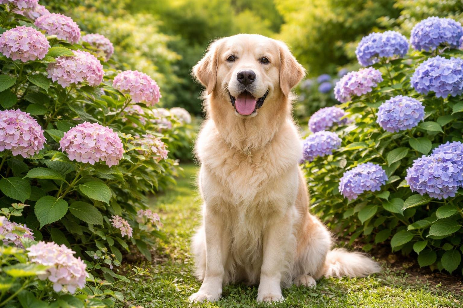 A golden retriever sitting calmly in a garden with blooming hydrangea bushes around it.
