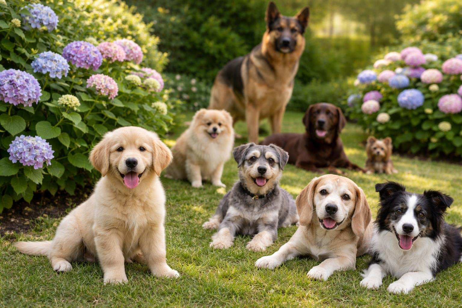 Various dog breeds and ages calmly resting near colorful hydrangea bushes in a garden.