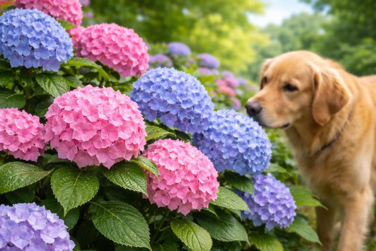 A dog sniffing near blooming pink and blue hydrangea bushes in a garden.