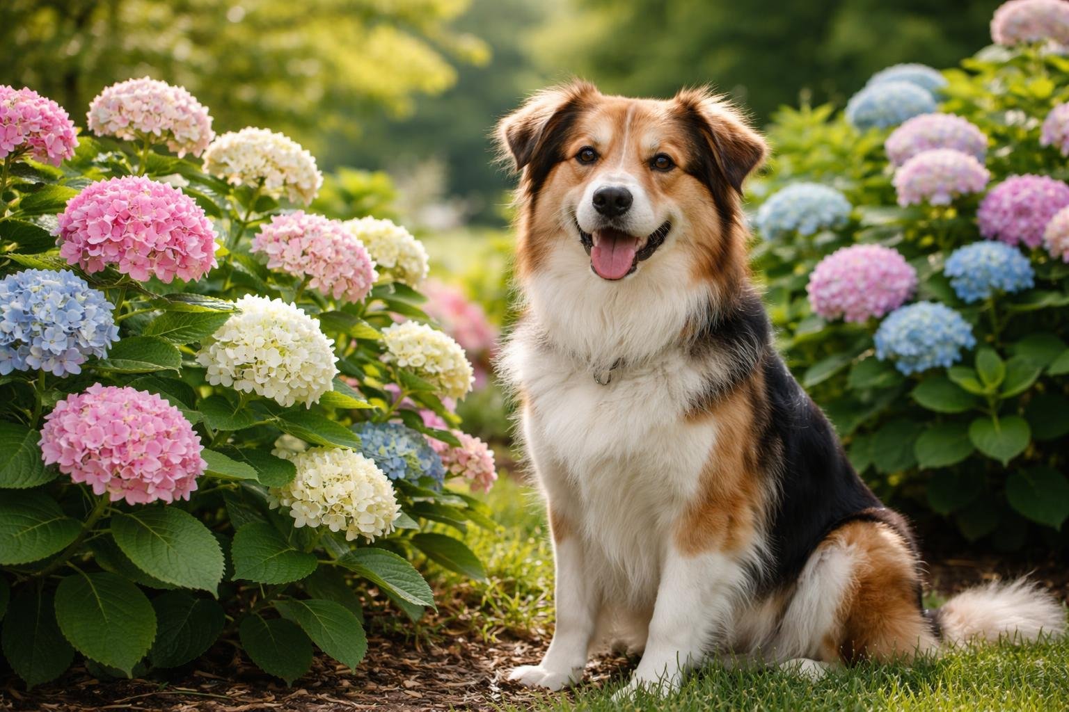 A dog sitting peacefully next to blooming hydrangea flowers in a garden.