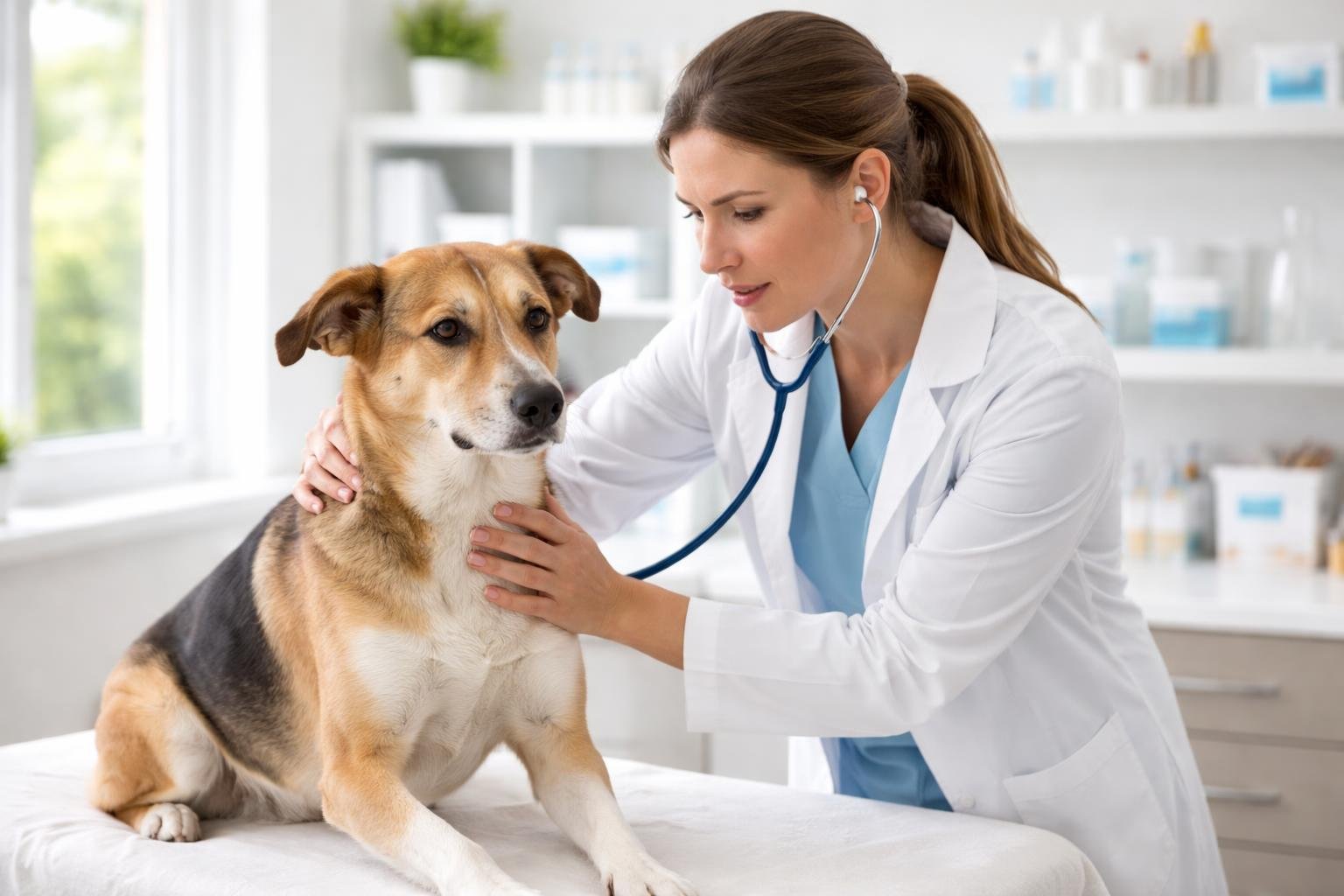 A veterinarian gently examining a dog on an examination table in a veterinary clinic.