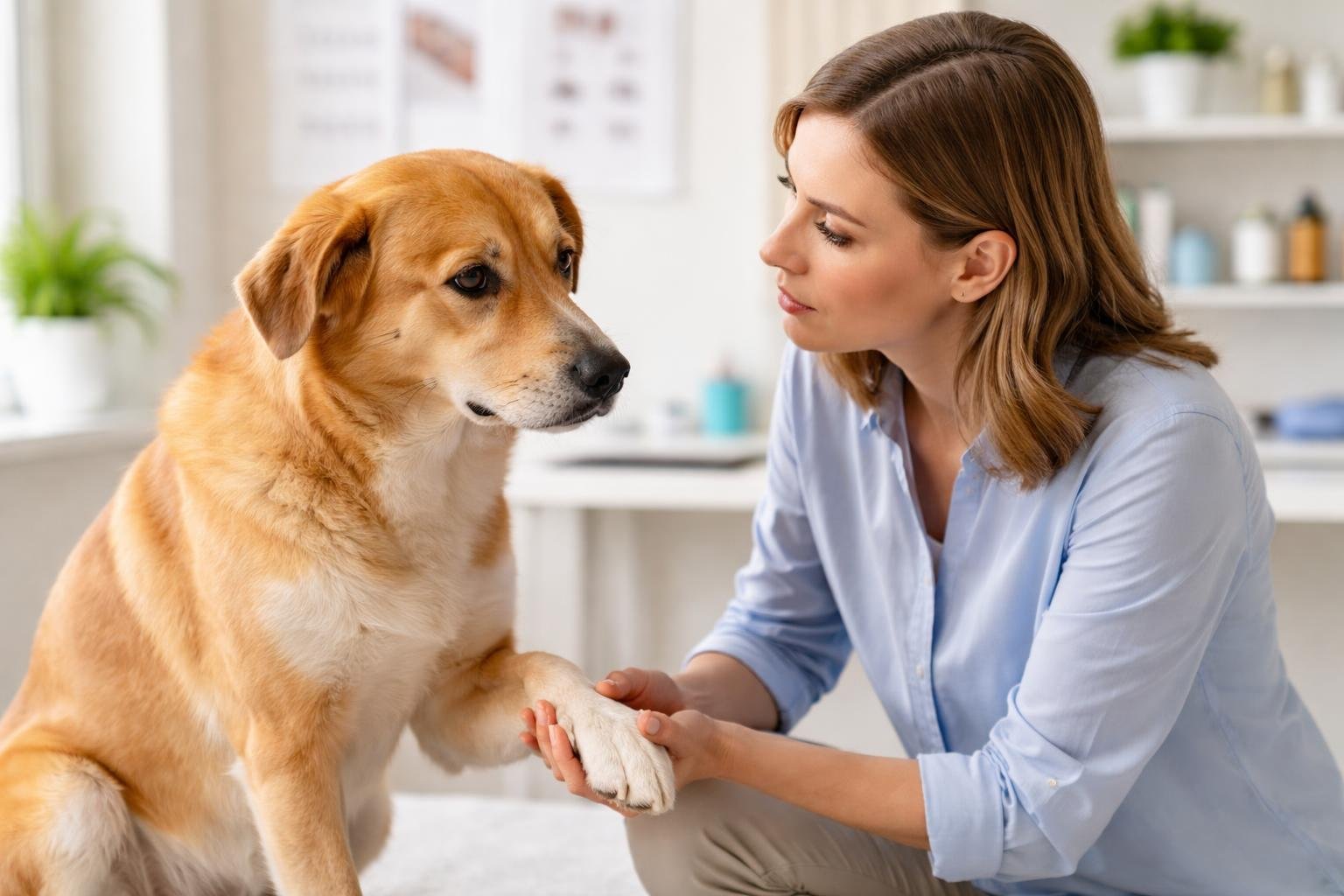A woman gently examining a dog in a veterinary clinic, showing concern and care.