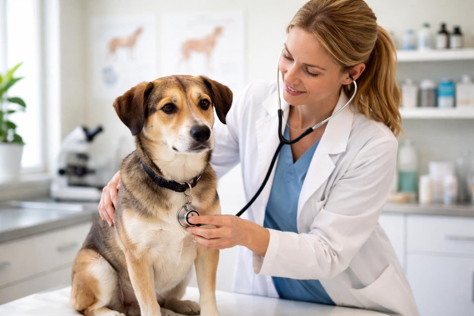 A veterinarian gently examining a dog on an examination table in a veterinary clinic.