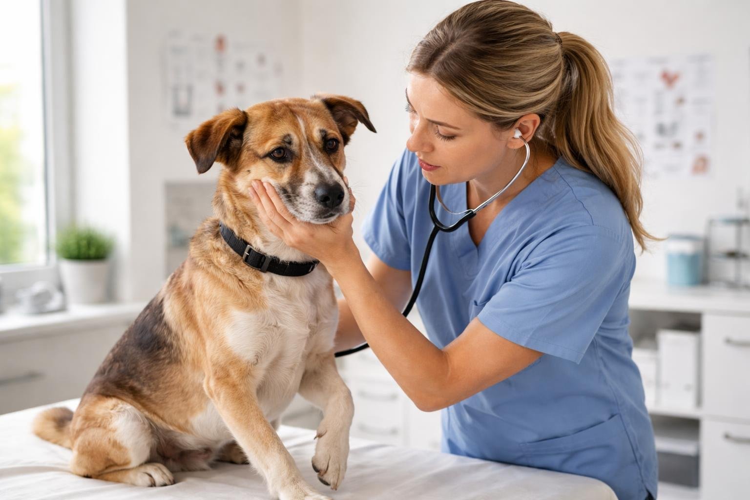 A veterinarian gently examining a dog on an examination table in a veterinary clinic.