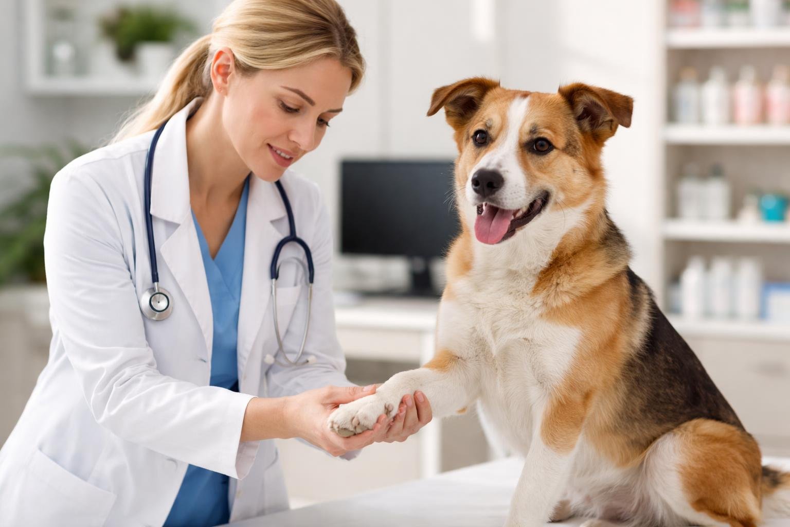 A veterinarian gently examining a dog's paw in a veterinary clinic while the dog sits calmly on an examination table.
