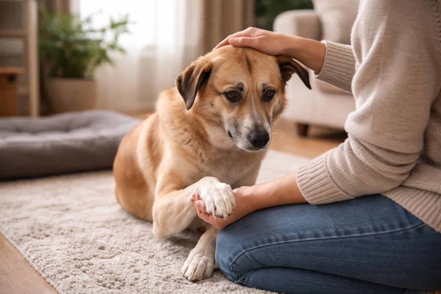 A person gently comforting a dog by holding its paw in a cozy living room.