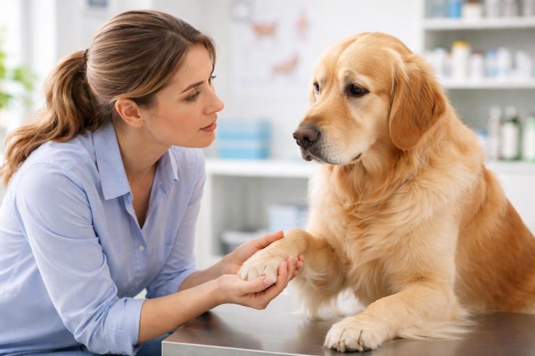 A woman gently examining a golden retriever dog in a veterinary clinic, showing concern for the dog's wellbeing.