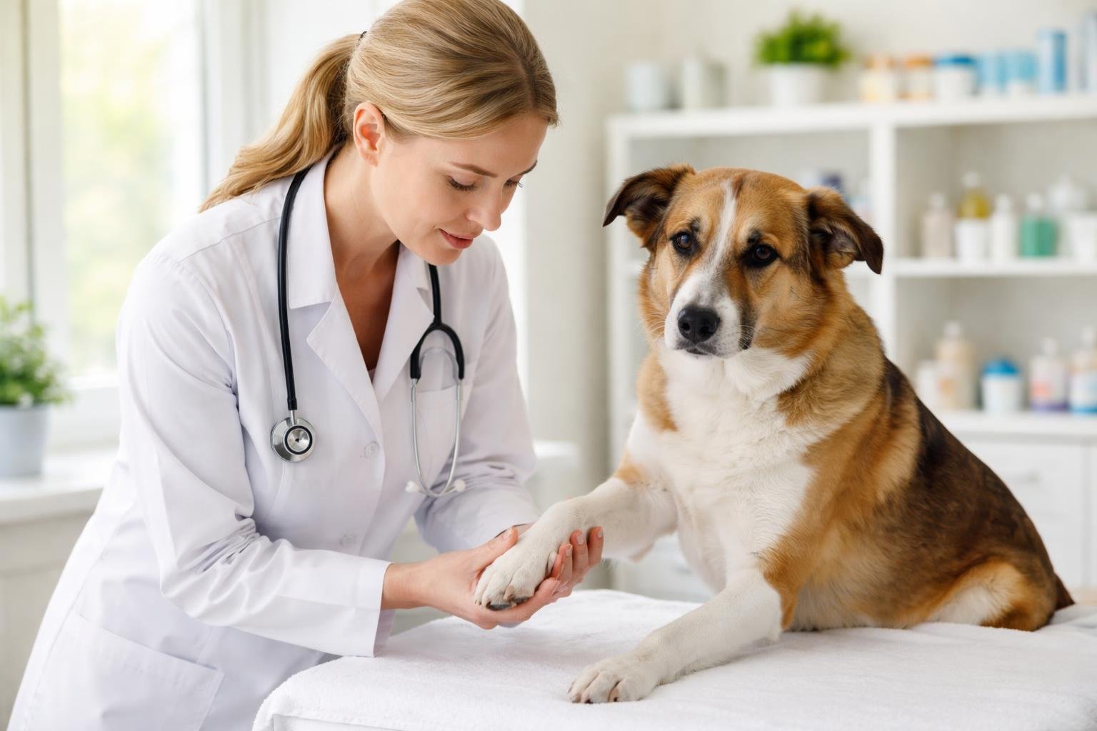 A veterinarian gently examining a dog on an examination table in a veterinary clinic.