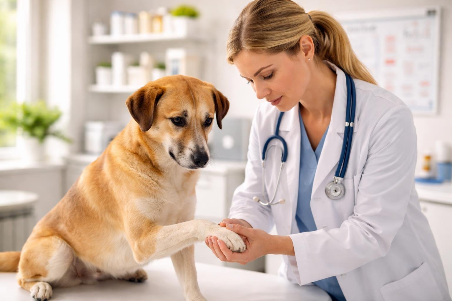A veterinarian gently examining a calm dog on an examination table in a veterinary clinic.