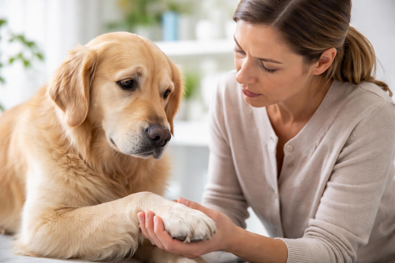 A woman gently examining a dog’s paw, showing care and concern in a bright veterinary or home setting.