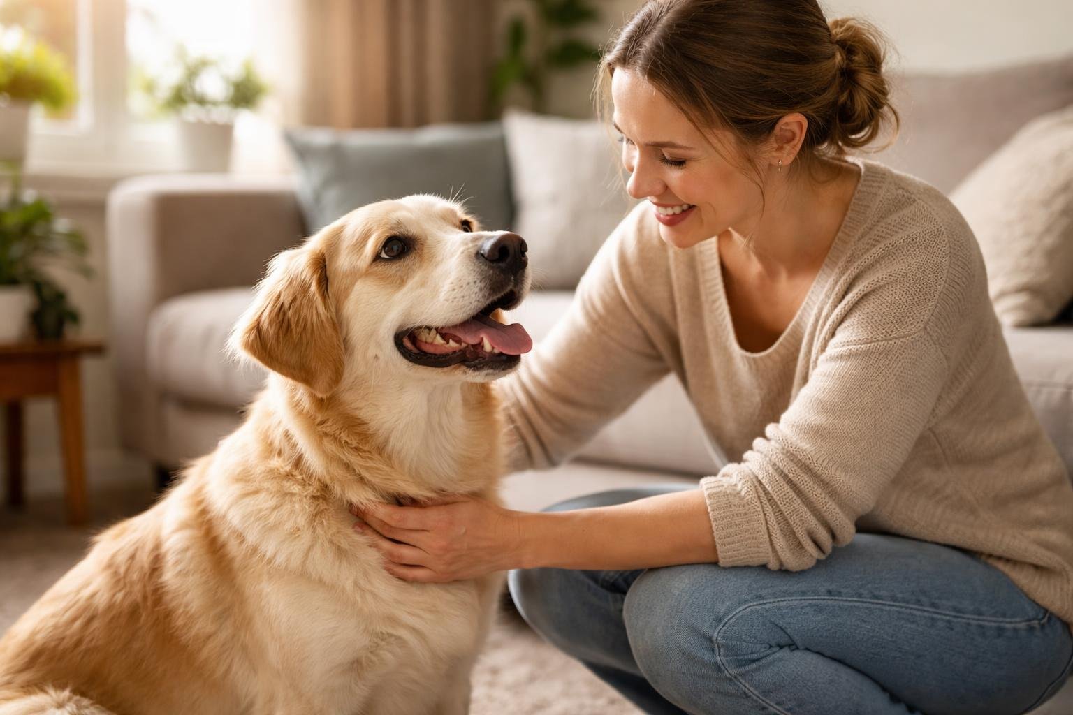 A person kneeling beside a relaxed dog in a cozy living room, showing a close and trusting bond.