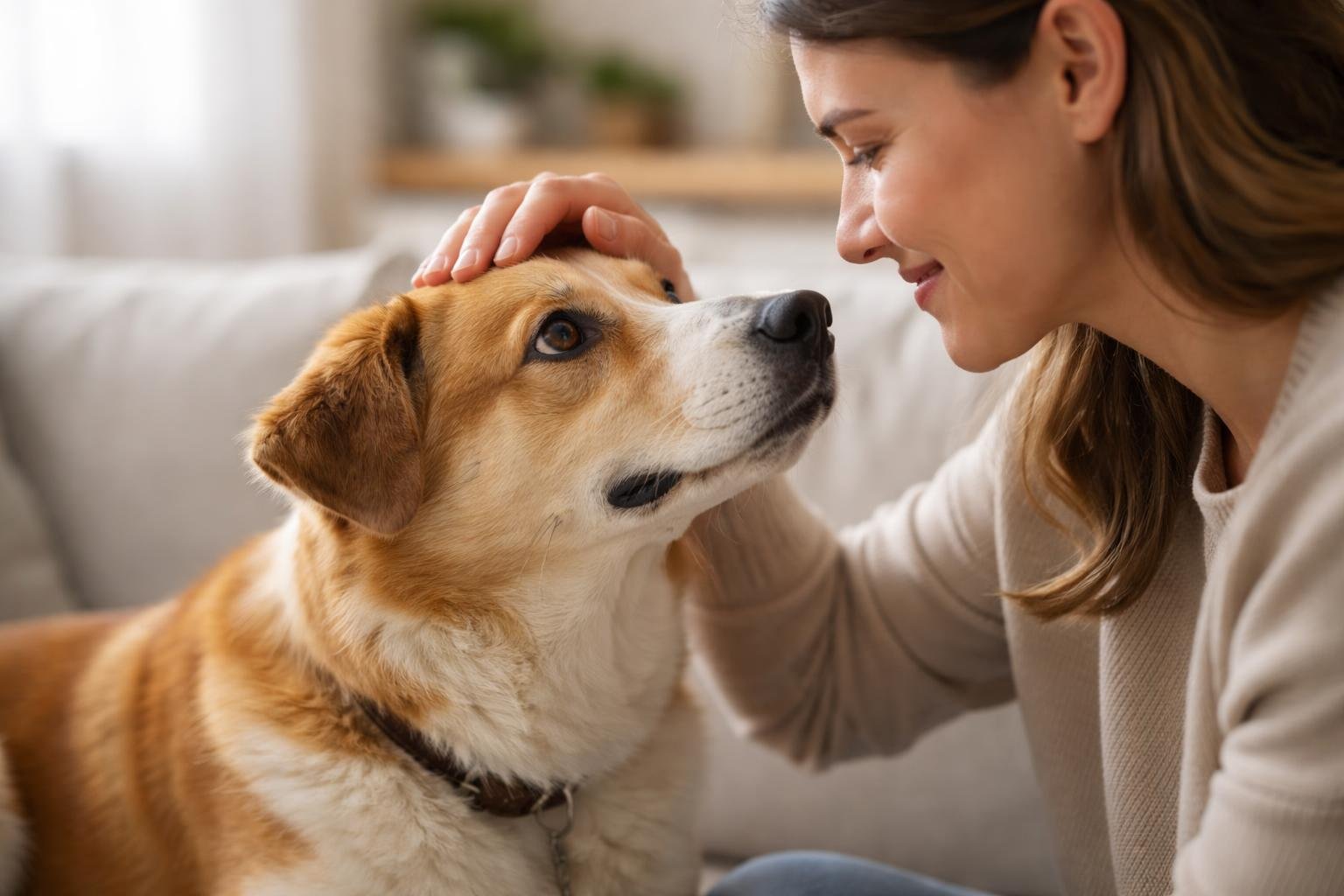 A person gently petting a relaxed dog while they look into each other's eyes in a cozy living room.