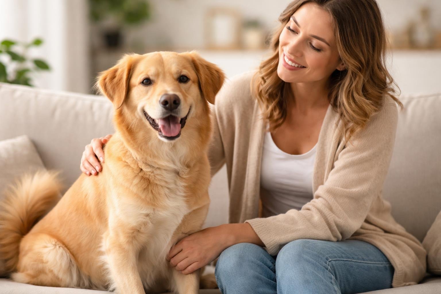 A calm dog sitting next to its owner in a cozy living room, both showing signs of trust and relaxation.