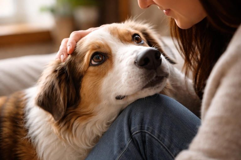 A dog looking attentively at a person who is gently reaching out to it indoors.