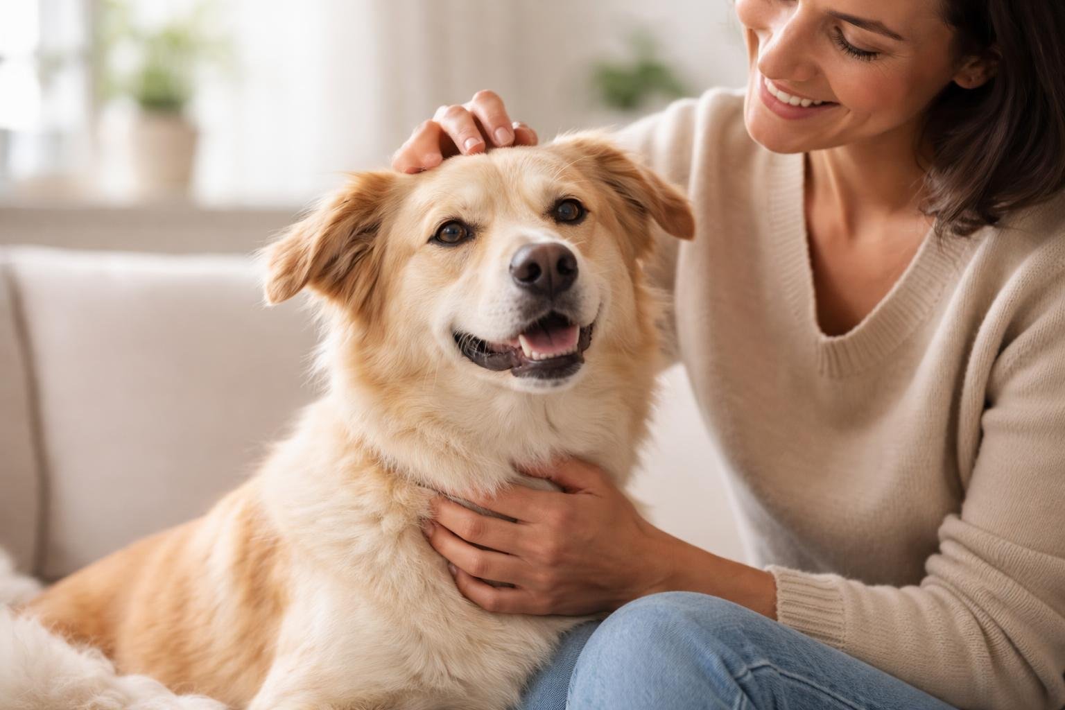 A person gently petting a relaxed dog indoors, showing a moment of trust and comfort between them.