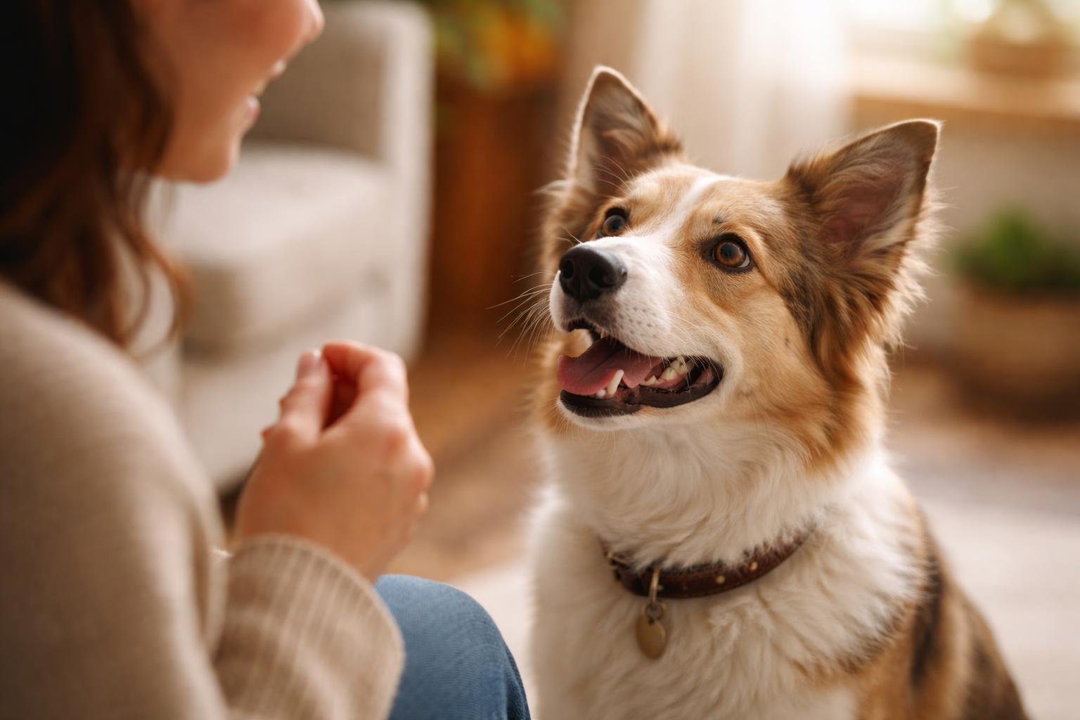 A dog looking attentively at its owner who is speaking to it in a warm indoor setting.