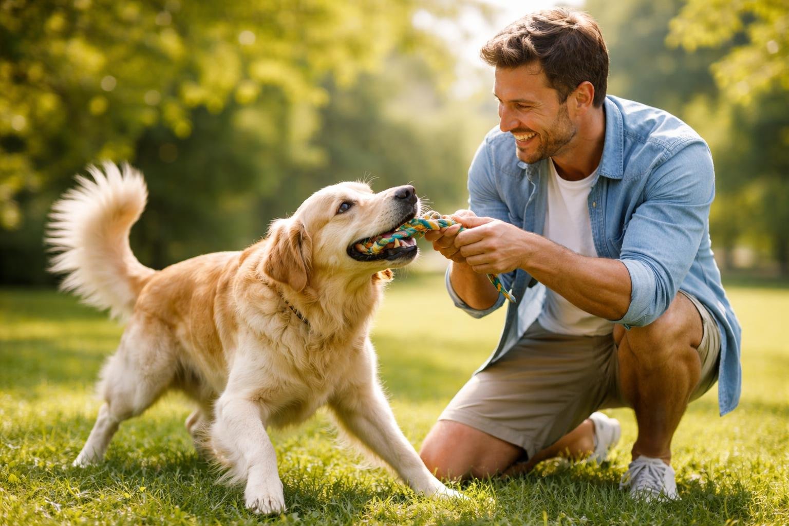 A dog playfully interacting with its owner outdoors, showing a trusting and joyful connection.