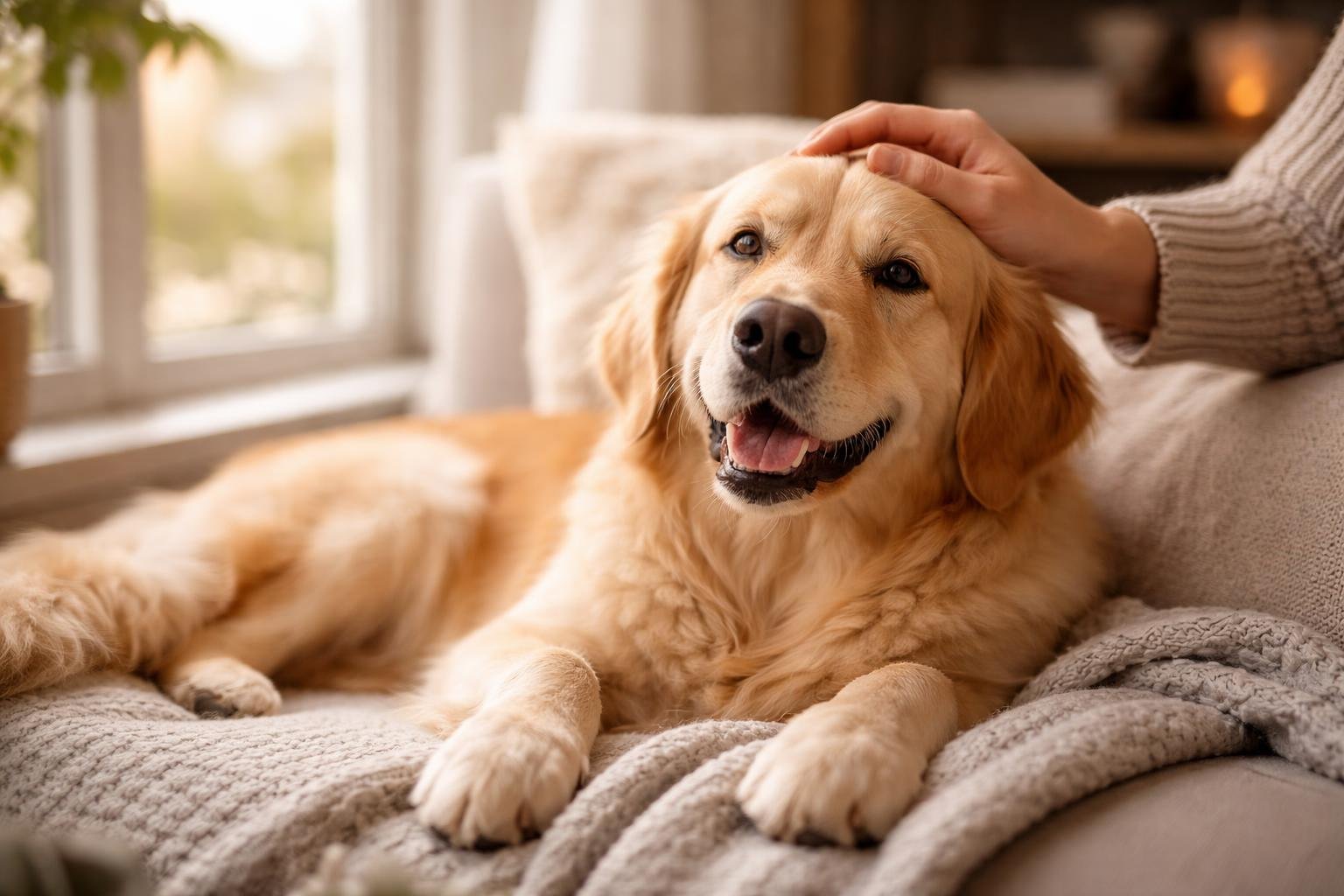 A golden retriever lying comfortably on a blanket near a window with a person gently petting its head.