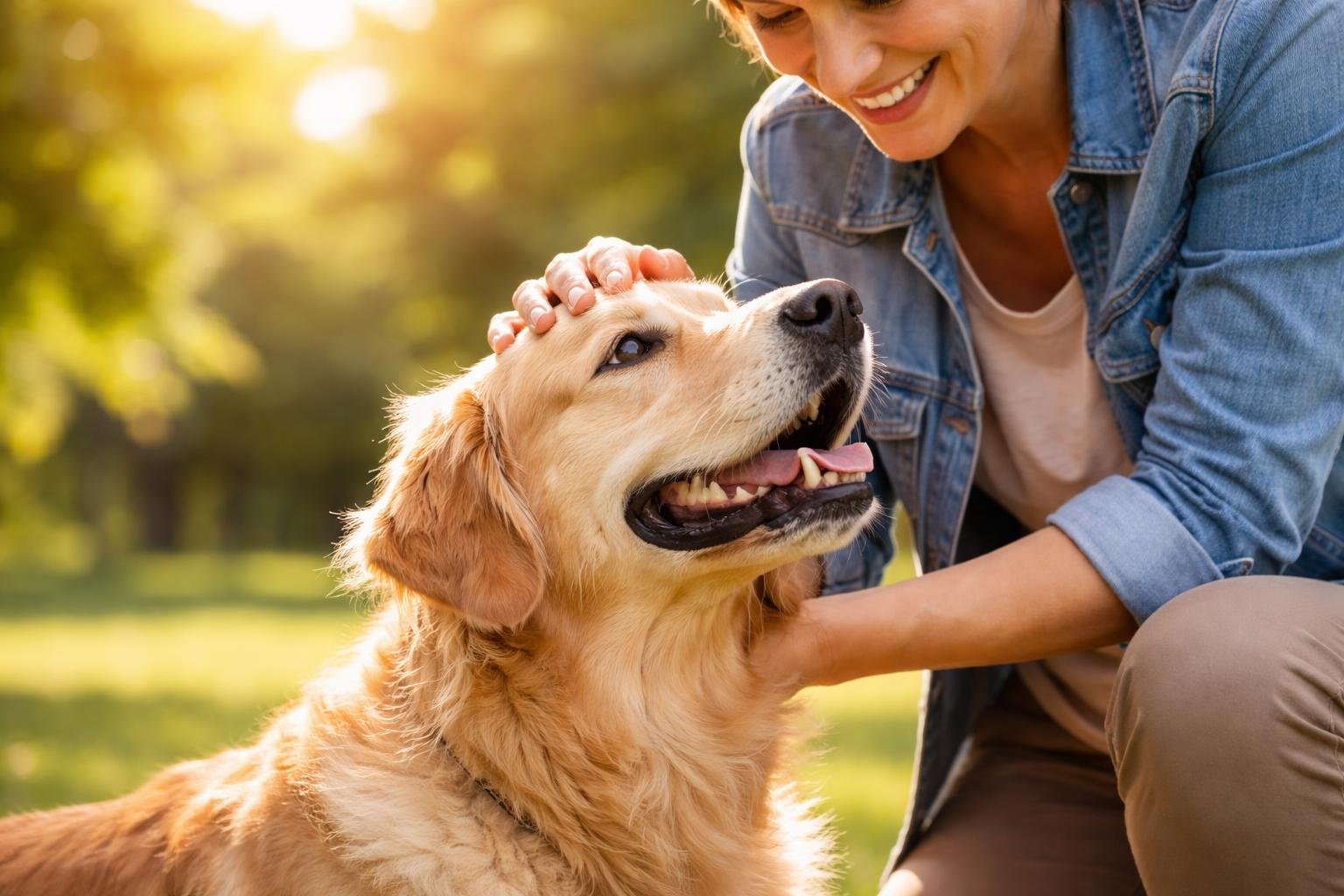 A person gently petting a golden retriever dog outdoors, with the dog looking up trustingly.
