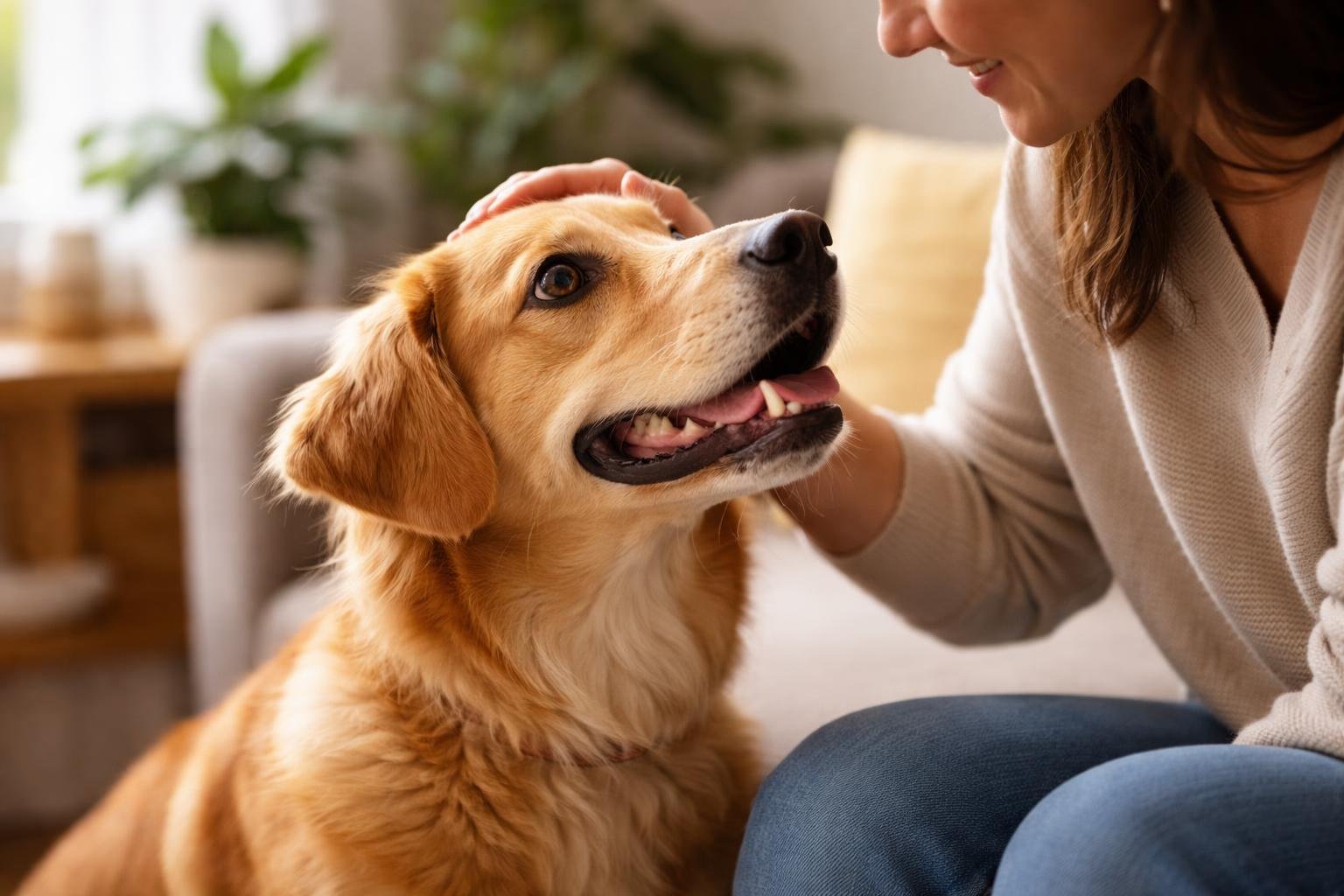 A dog looking up lovingly at its owner who is gently reaching out to pet it in a cozy indoor setting.